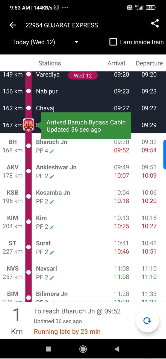 urpatel77's tweet photo. @WesternRly @DRMBRCWR @drmadiwr @RailwaySeva @RailMadad @PMOIndia @RailMinIndia @CMOGuj  Sir,In past few days i daily update arrival and departure time of train no https://t.co/481UFDpbay time is 9.52 but train is not arrived at bharuch station. Please look after it. https://t.co/031ZVOT7PD