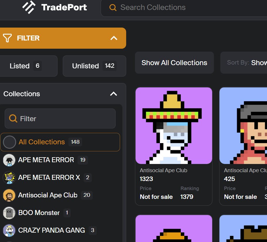 plutus_nft's tweet image. 🚨Feature Highlight🚨 

Did you ever want to quickly see how many NFTs in your wallet were listed vs unlisted? Or how many NFTs you had in each collection. 

You can now easily see that information in your gallery on tradeport.xyz.