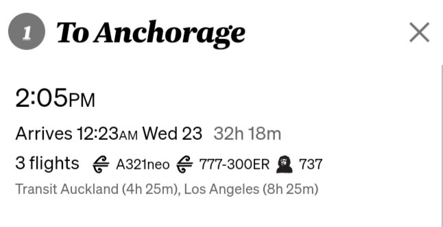 Booking information for a flight to Anchorage