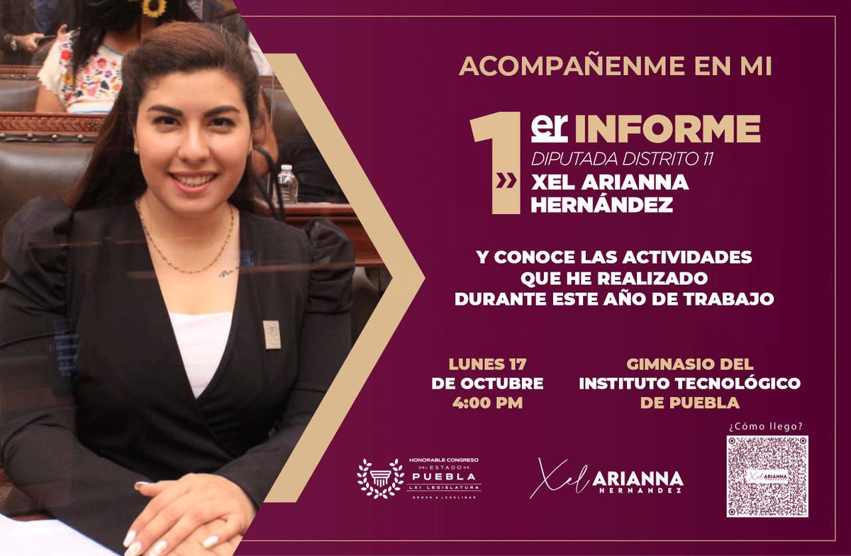 xelariannah's tweet photo. ☝🏼 Se cumple un año de labores en favor de las familias del #DistritoXI y no hemos parado de legislar y gestionar para ti y los tuyos. Por eso hoy, tengo el gusto de invitarte a mi 📄#1erInformeDeLabores, este Lunes 17 de Octubre en el Instituto Tecnológico de Puebla. 📍👏🏼 https://t.co/urJ5y2ihvj