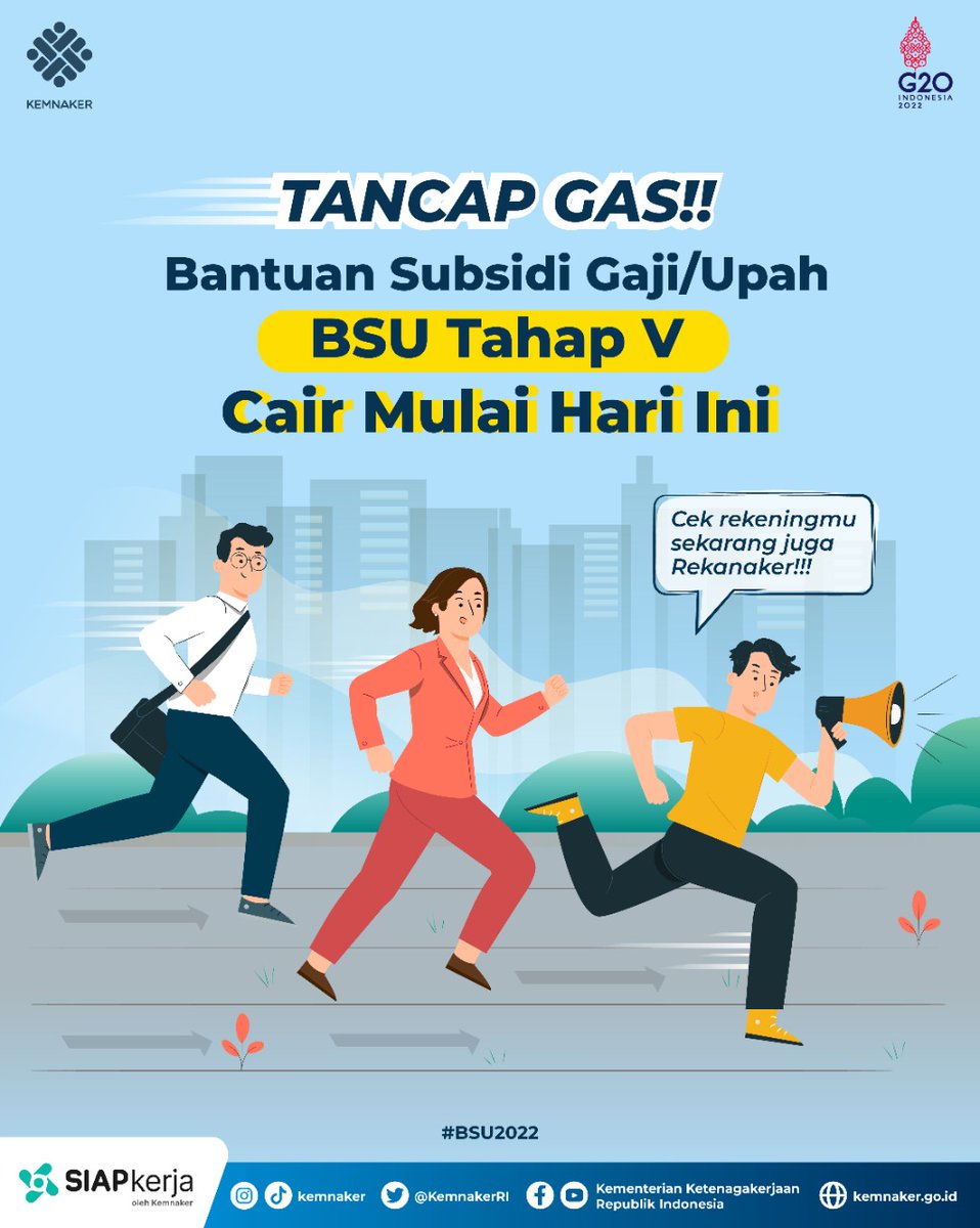 Minaker punya kabar baik nih, kalau BSU 2022 tahap 5 sudah mulai cair hari ini 😊👏

#BSU2022 #BSUTepatSasaran #BSUntukPekerja