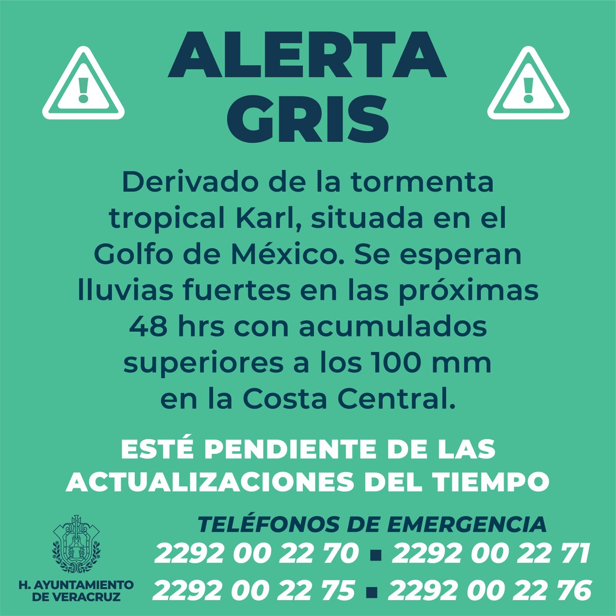 patricialobeira's tweet photo. He instruido a las áreas operativas de @AyuntamientoVer a que estén pendientes de la trayectoria de la tormenta tropical Karl y a las actualizaciones del fenómeno. 

Estaremos atentos a los reportes ciudadanos en los números 2292002270, 2292002271 y el 911. https://t.co/MLmJ7wa5LX