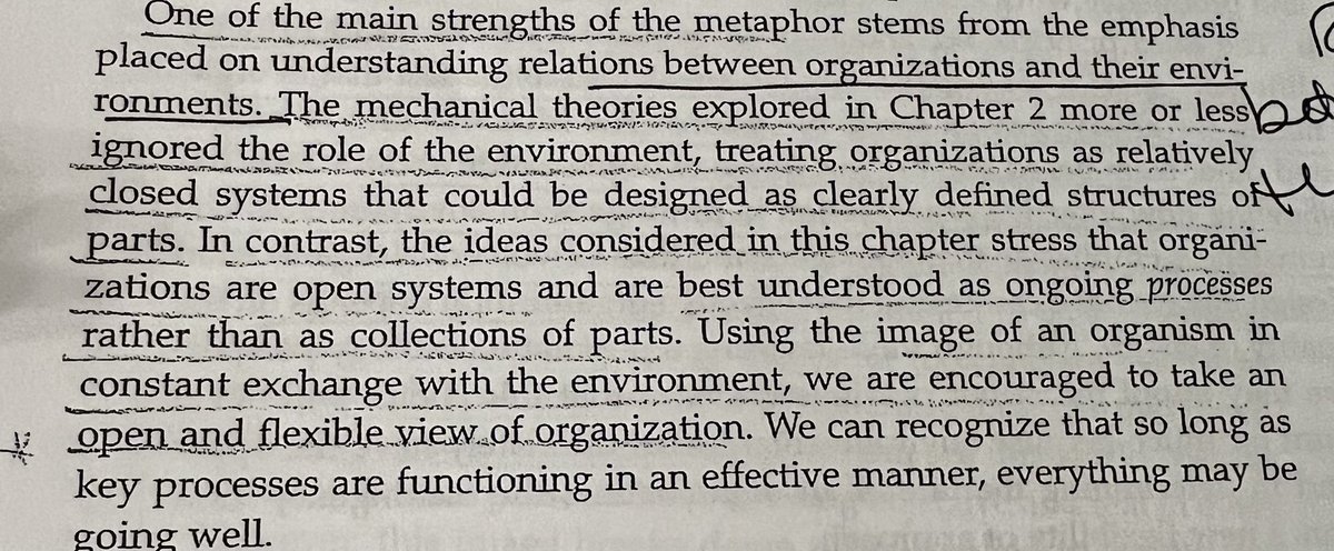 alclem02's tweet photo. Organizations as organisms: “emphasis placed on understanding relations between organizations and their environments” #VTorgtheory https://t.co/TfJ6RxedF6