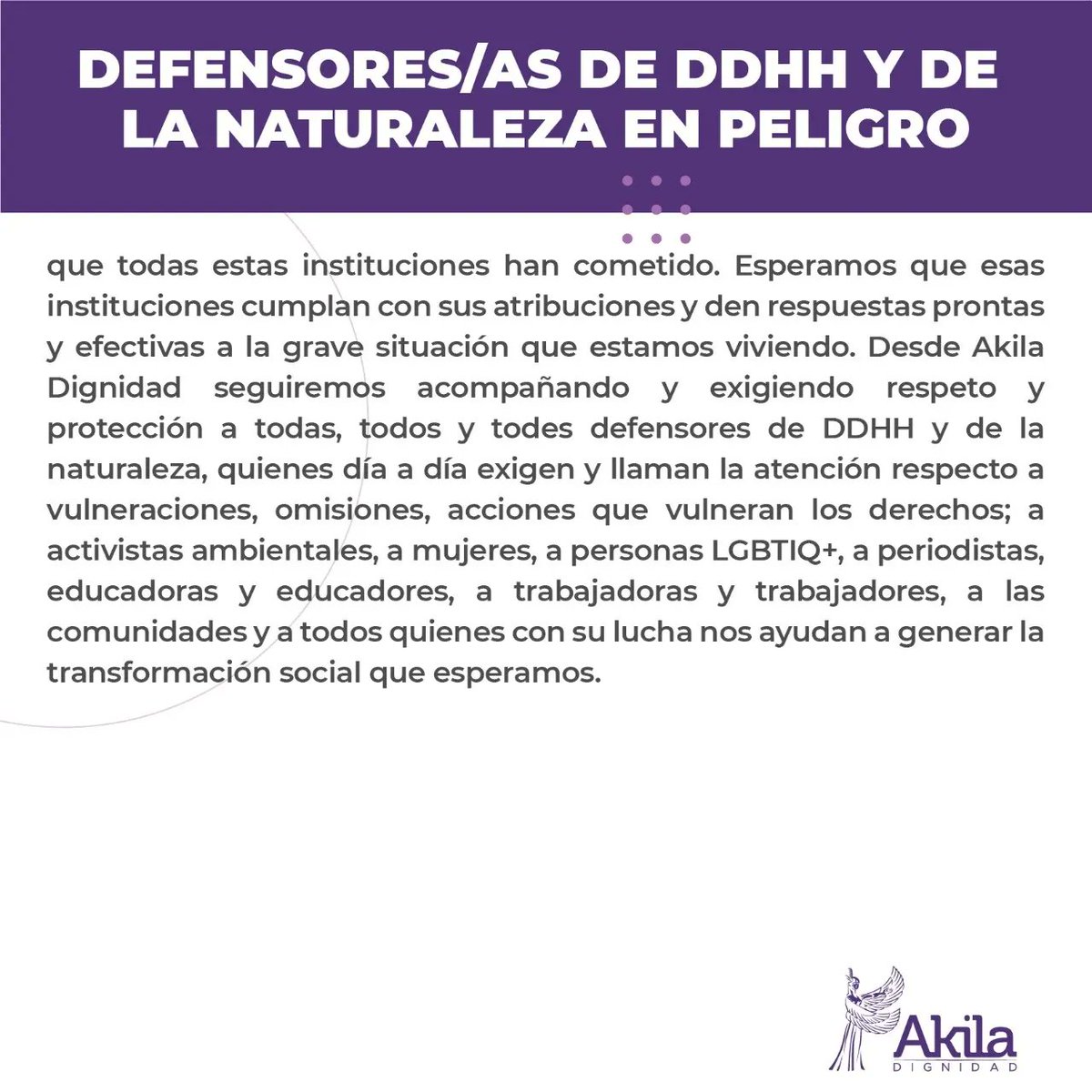 AkilaDignidad's tweet photo. 🟧 Los Estados deben garantizar nuestros derechos e integridad. No queremos dejar pasar todo lo que sucede en el país. Solidaridad y empatía con nuestros/as compañeros/as, con periodistas, con todas las personas que estamos comprometidas con la defensa de los #DDHHyN
#Dignidad https://t.co/a6XGBXan8R
