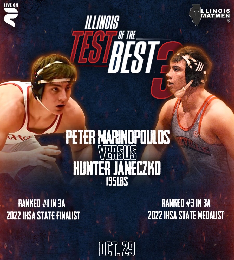 Going to be a 3A showdown at 195lbs for Test of the Best 3 🎯 Yorkville’s Janeczko looking to take out top ranked Marinopoulos from Marist. Only on Rokfin.com/ILMatmen