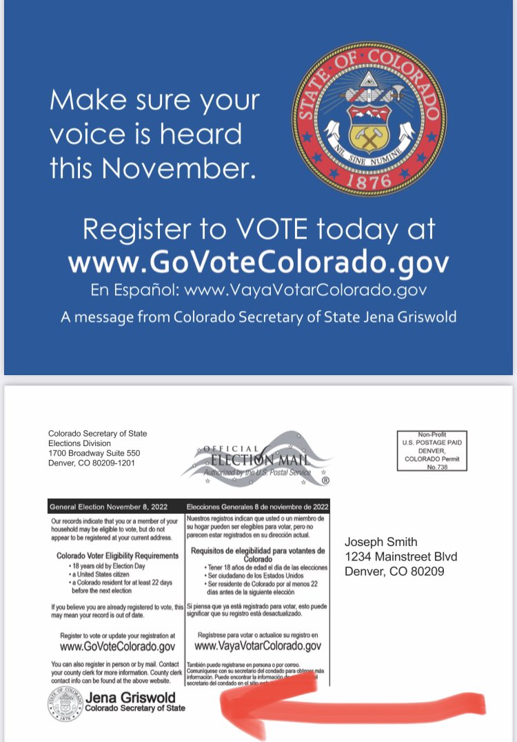 Marshall Zelinger on X: The @COSecofState acknowledges the mistaken mailer  sent to 30,000 people who wouldn't be eligible to vote even if they tried  to register…with a new mailer that does not