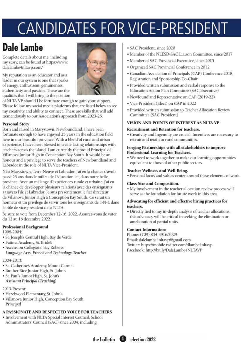 dlambe4nleduc's tweet photo. Check out my initial formal contact with all ⁦@NLTeachersAssoc⁩ members through our election edition of the Bulletin. https://t.co/0537WPmaYT