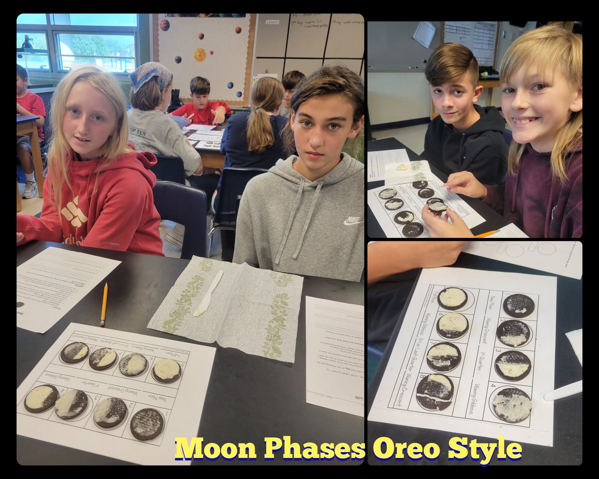 TheFrizzandLiz's tweet image. Learning about moon phases with a yummy twist in 7th grade science🌑🌒🌓🌔🌕🌖🌗🌘 @SVMSEagles #7science