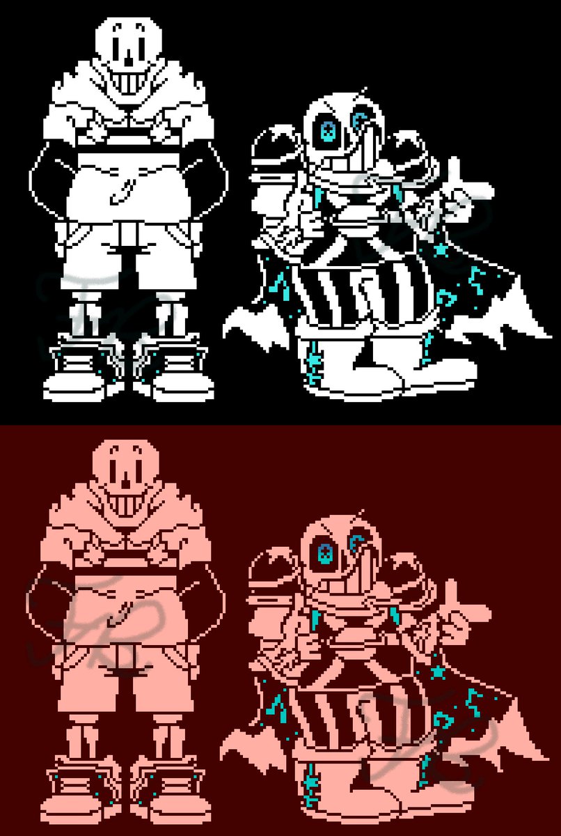 FunkiestBunny's tweet photo. Some sprites for #SWAPOUTER I got done making! Includes classic B&W and a palette I made for it's battle sprites! #UNDERTALE #Underswap #Outertale https://t.co/Qgr47AazO3