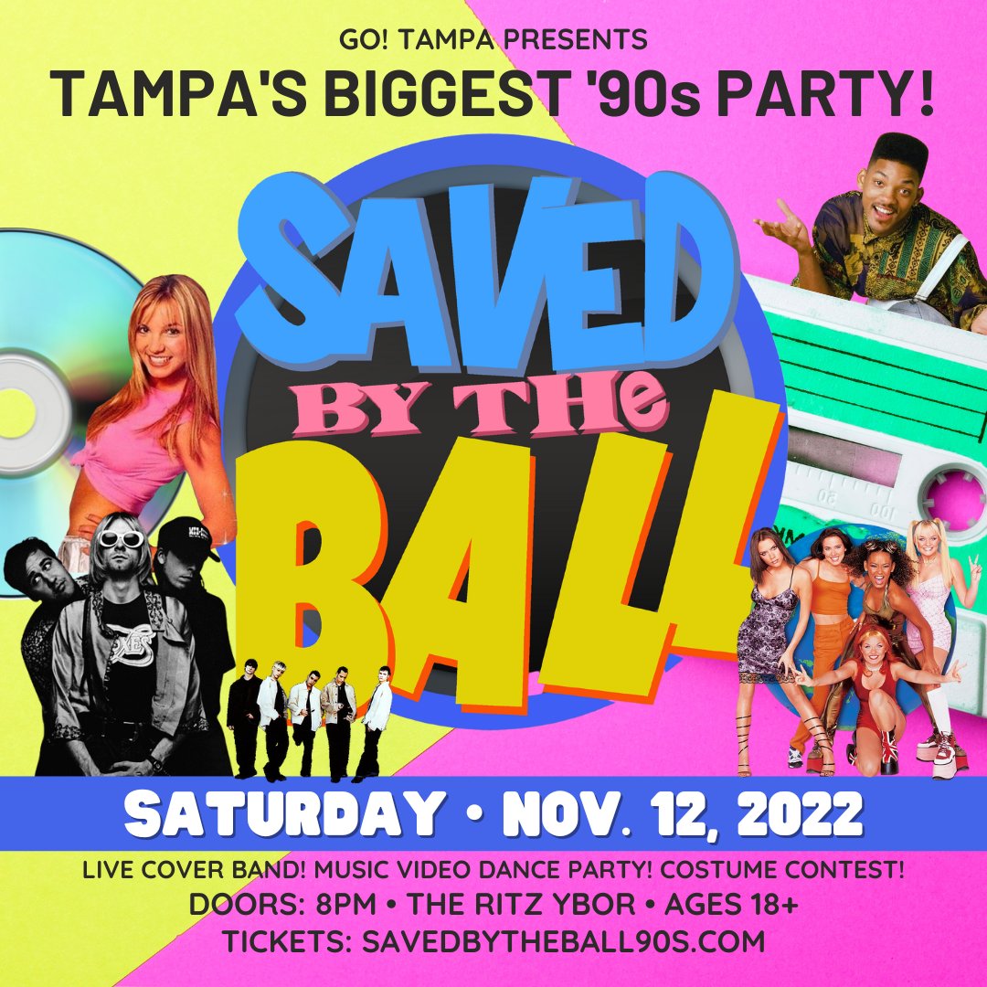 GoTampaGo's tweet photo. WHOOMP THERE IT IS! 🎉 Our 7th Annual '90s Party RETURNS on Saturday, Nov. 12, 2022 at @theritzybor with Live Cover Band, Music Video Dance Party, Costume Contest + more.

TICKETS + VIP ARE NOW ON SALE! ➡️ https://t.co/KUvwaswOkM #Tampa90s https://t.co/5AQYlEcJL9