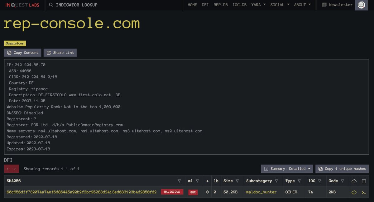 InQuest's tweet photo. Password cracking for the win:

https://t.co/CpY55gQu5L

Arabic language lure uploaded from Palestine. Passwords include "decrypt-zip2022" and "decrypt-office". Zero AV detections. The payload domain 'rep-console[.]com' is unresponsive, potentially geofenced, registered on 7/18. https://t.co/fNEAmJfLb7