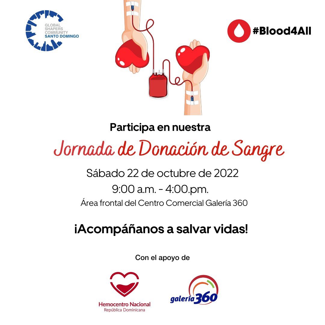 Comprometidos con mejorar el acceso a la sangre en la República Dominicana, nos unimos a @galeria360 y a @hemocentrord para realizar la Jornada de Donación de Sangre #blood4all.

¡Únete! Con tu donación podemos salvar vidas. 

#GlobalShapersSD#globalshaperscommunity#donasangre