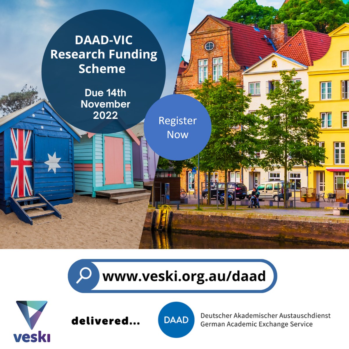 Are you a post doctorate or faculty member at a Victorian university? Register for the DAAD-VIC Research Funding Scheme and apply to receive support for your well-planned collaborative research project with German cooperation partners. ➡️veski.org.au/daad/ @DAAD_Australia