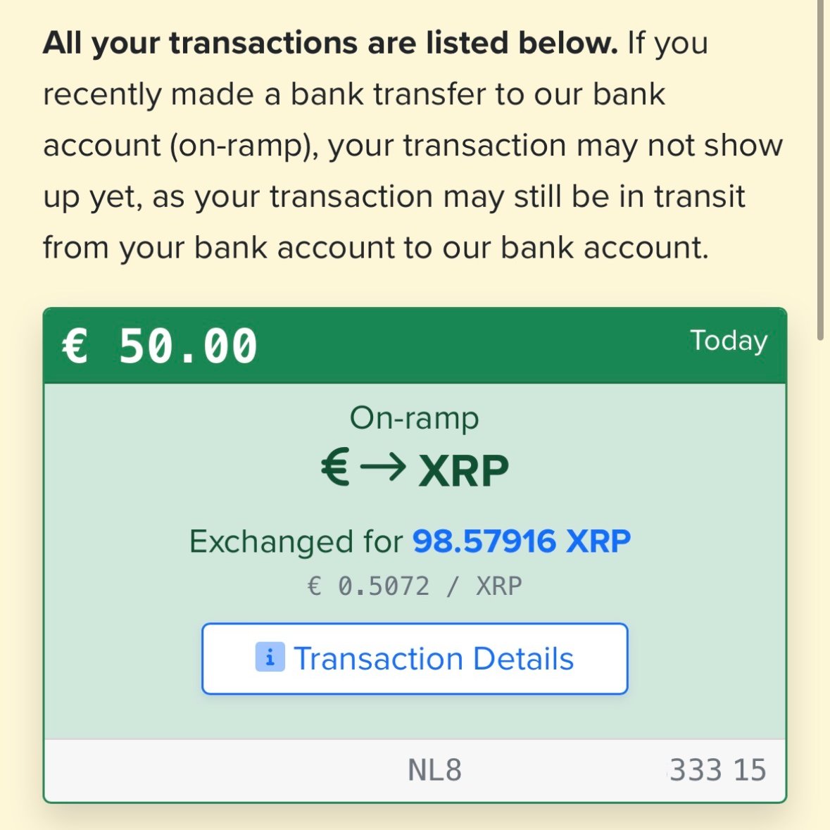 WietseWind's tweet photo. One minute.

From € in my bank account to XRP in my *non custodial* XRP Ledger account managed with @XummWallet 😎

On/Off-ramp: turn your EUR (€) into XRP and vice versa.

Now available in The Netherlands. More info: https://t.co/JQR951Uyxq https://t.co/0UalJlrQlI
