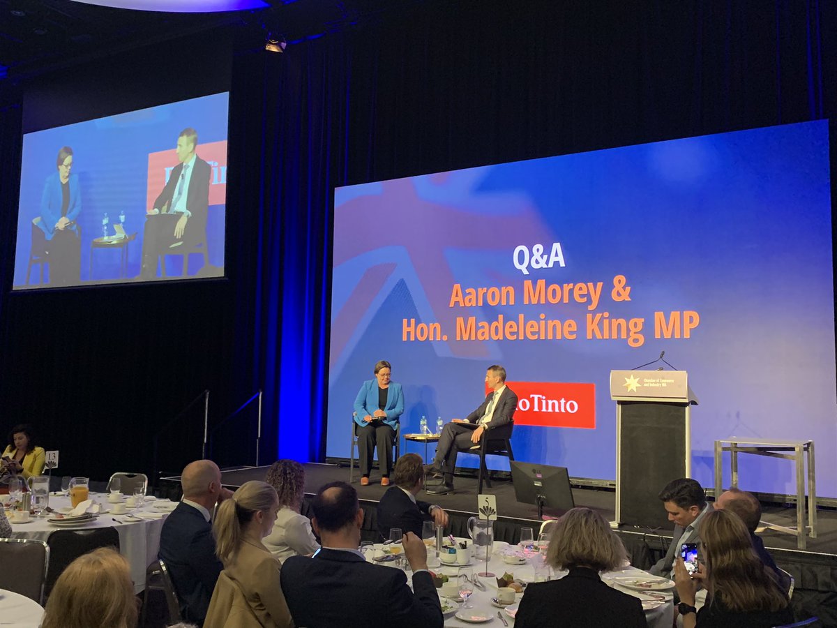 ThomasRayAdolph's tweet photo. Interesting discussion with Minister @MadeleineMHKing at today’s @CCI_WA Breakfast on investment, batteries, the defence industry and more.

“WA has a remarkable opportunity in our incredible endowment of critical minerals…” https://t.co/dsakTkBOY6