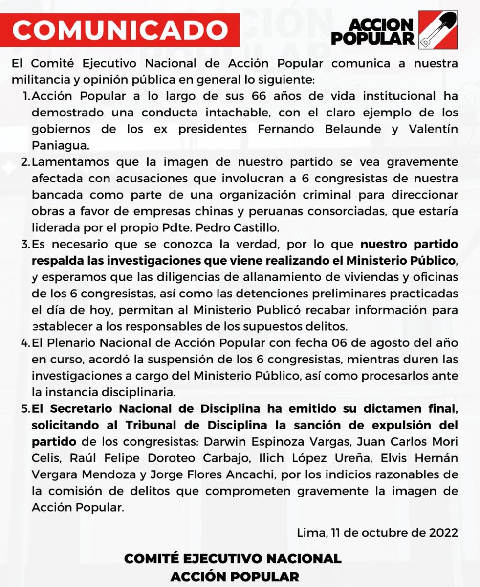 jchavezchiong's tweet photo. Comunicado oficial del CEN del partido ⁦@AccionPopular⁩ sobre la situación de los 6 congresistas de ⁦@ap_bancada⁩ que vienen siendo investigados por el ⁦@FiscaliaPeru⁩ 
Adelante!
⁦@canalN_⁩ ⁦@PTV_Noticias⁩ ⁦@noticiAmerica⁩ ⁦⁦⁦ https://t.co/2Nti2ifecs