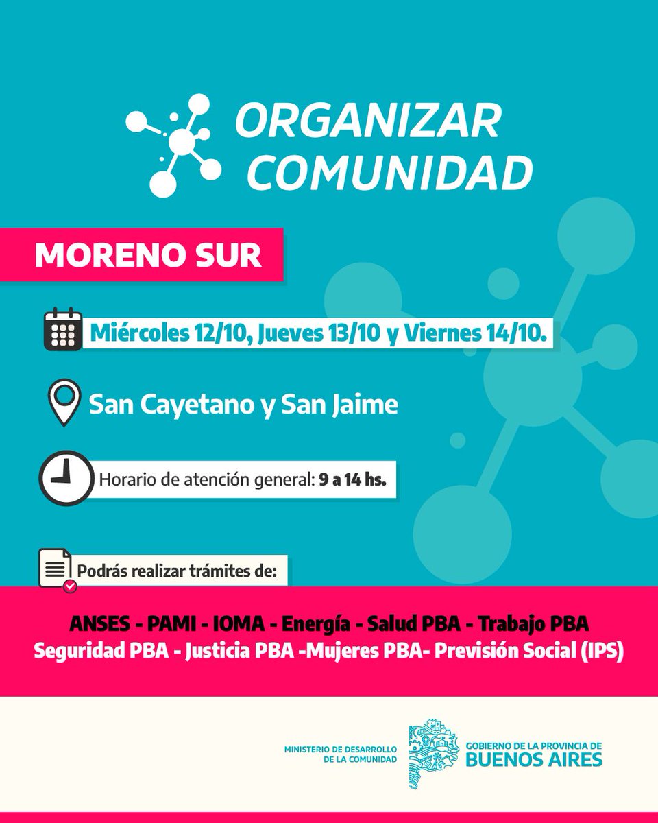 MinDesarrolloBA's tweet photo. #OrganizarComunidad #MorenoSur📝☀️
🗓 Miércoles 12/10, Jueves 13/10 y Viernes 14/10
🕢 9 a 14hs.
📍San Cayetano y San Jaime.
👉🏼Los vecinos y vecinas podrán acceder a prestaciones y asesoramiento de diferentes organismos nacionales y provinciales https://t.co/XmmRr9YgJU