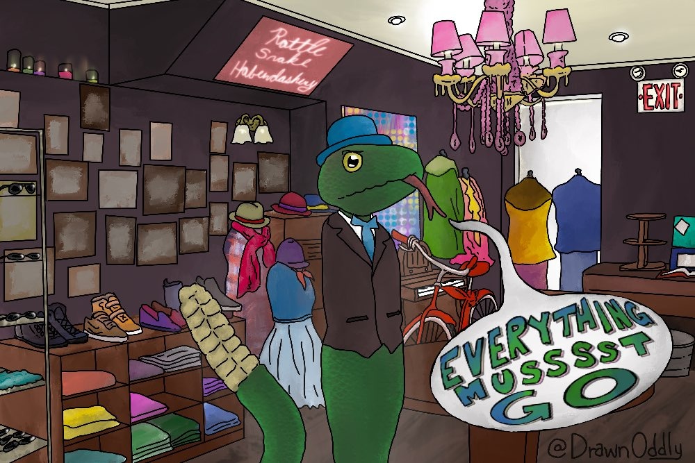 DrawnOddly's tweet photo. Welcome to the Rattlesnake Haberdashery! Please enjoy todays SsssssssSsSssssale!

#drawing #art #illustration #snakes #drawnoddly #newgrounds #procreate https://t.co/apv0q33tbm