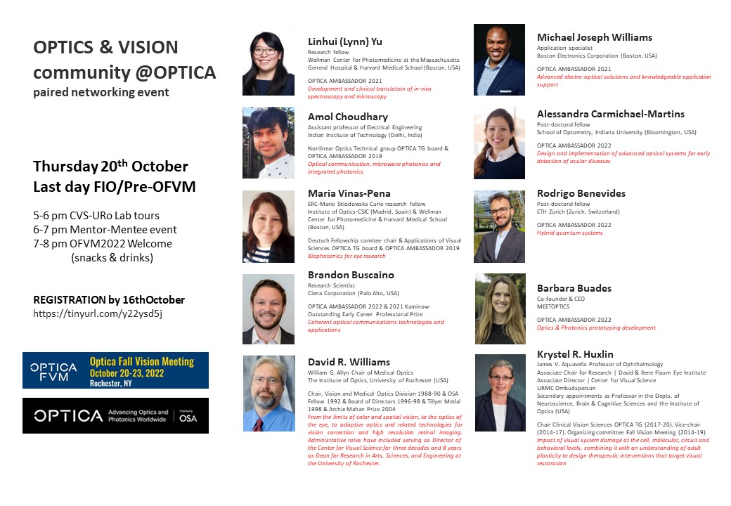 If you are in <a href="/UofR/">University of Rochester</a>  #FIO @OSAFVM next week, join us for the OPTICS &amp; VISION community Optica paired networking event We will talk about #optics #photonics #careerdevelopment and many other things!!!
REGISTRATION BY 16TH OCTOBER: lnkd.in/gZHN_f2P