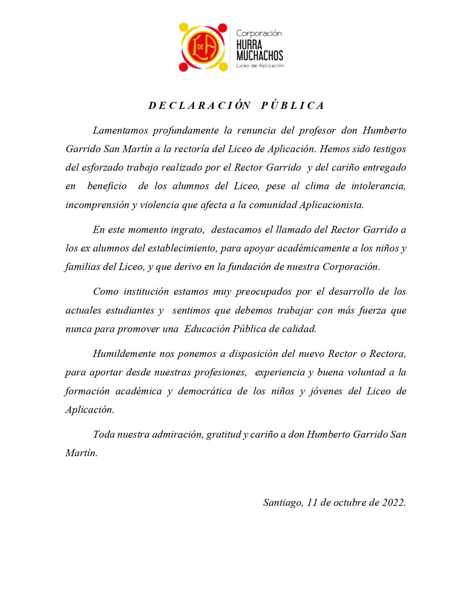 La Comunidad de ex alumnos del <a href="/LiceoAplicacion/">Liceo de Aplicación</a> lamenta la renuncia de su rector <a href="/BETO_GE/">Humberto Garrido S.M</a> 
Les dejamos nuestra declaración: