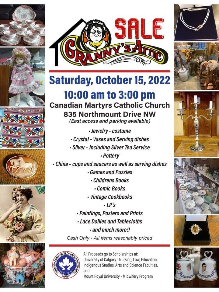 cfuwAlberta's tweet photo. In Calgary Oct 15? Check out CFUW Calgary's "Granny's Attic Sale", amazing treasures to raise funds for #Scholarships at #University of Calgary

https://t.co/YtyfcAn9rF

#Scholarship #women #education 
@CFUW_Calgary 
#books #games #dishes #crystall #silver #pottery #jewelry https://t.co/p0cYJCPEEf
