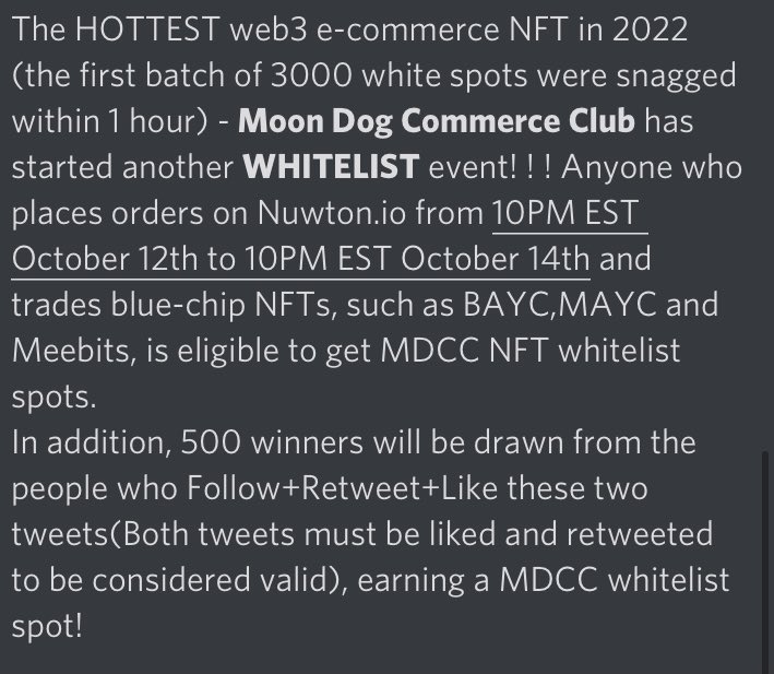 🔥🔥10PM EST Oct.12th to 10PM EST Oct.14th, all users who place orders on Nuwton.io and trade blue-chip #NFTs are eligible to get MDCC NFT WL spots!
500 winners get WL spots
Drawn from Follow+RT+❤️ this tweet and x.com/nuwtonnft/stat…
(Both tweets must be RT&amp;❤️)