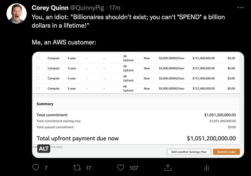 PrgrmmrHumor_io's tweet photo. "It's one AWS account, Michael; how much could it possibly cost?"
Visit https://t.co/VFSMajZHgB for more.
-----------------------------
#python #programming #dev #tech #devhumor #technology #engineering #developer #javascript #programmerhumor #devlif… https://t.co/4Eb1qDhG6D https://t.co/YQgOHYmoyv