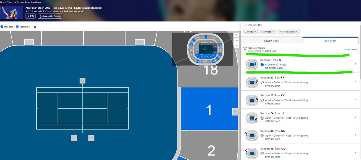 TicketingFair's tweet photo. The intention of the Major Events Act is to protect consumers from price gauging.  As expected on the @AustralianOpen we see the "official" seller replacing the secondary market at an even higher price on @Ticketmaster_AU @MartinPakulaMP @Steve_Dimo https://t.co/4Qvt37L26a