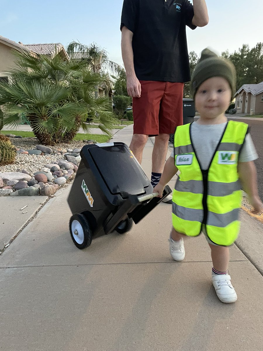 Grandson is infatuated with trash trucks.  So, he’s been wearing his Halloween costume.  Daily.   For weeks now.  @WasteManagement  #WMFanPhotos
