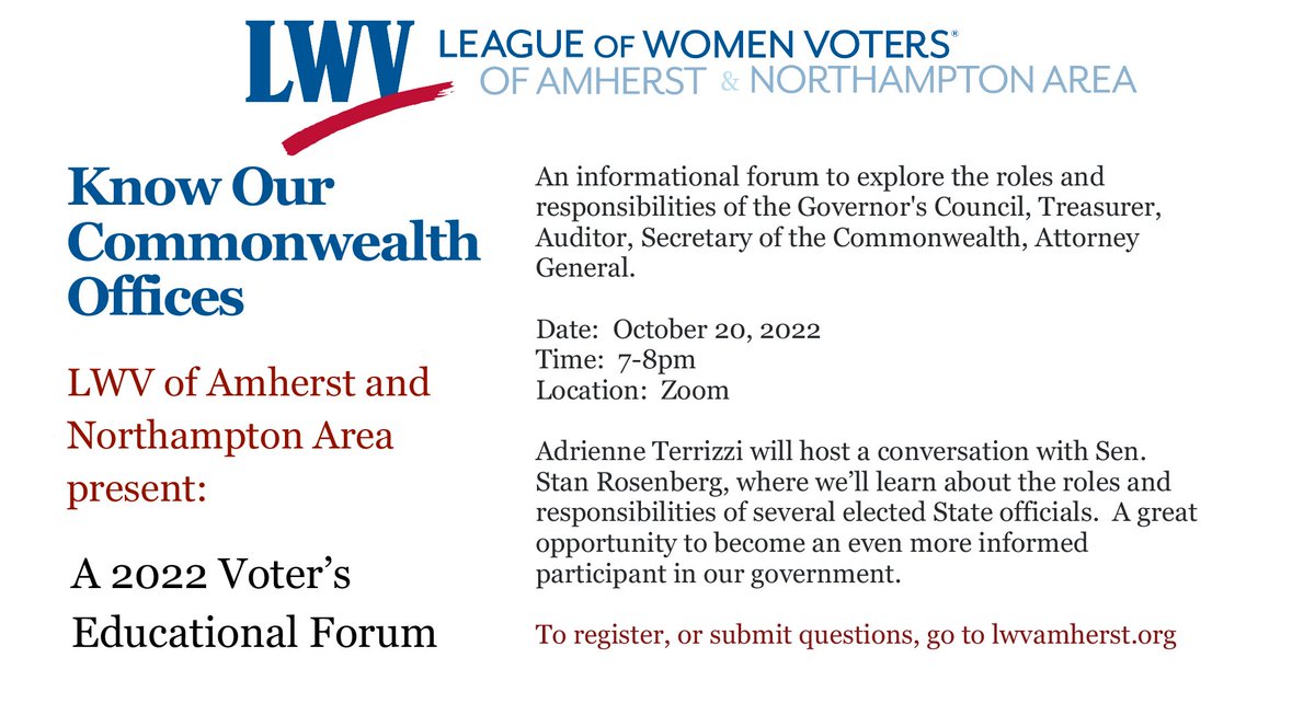 LeagueAmherst's tweet photo. Wondering about the roles and responsibilities of our statewide elected officials? Join us on Zoom on Thursday, Oct,. 20 at 7 p.m. for an informational forum with former Massachusetts Sen. Stanley Rosenberg of Amherst. Register here: https://t.co/zLF1xh5P6N https://t.co/bmYOdEUCfW