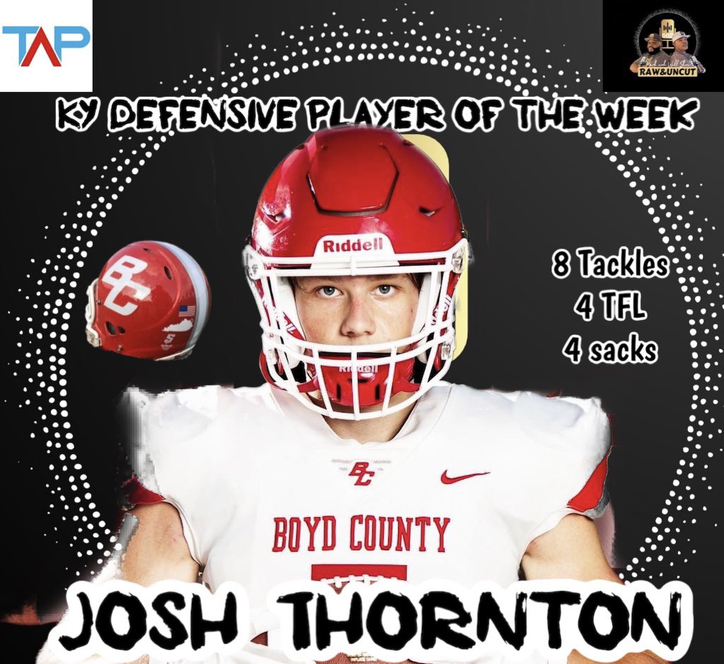 54SportsNetwork's tweet photo. Thanks for voting ……Congratulations to our Ky Defensive Player of the Week sponsored by @TAProfileAPP ….  Josh Thornton @joshhthornton5 … Impact Player!!  @BCLionsFootball https://t.co/yFGlWdEQAY