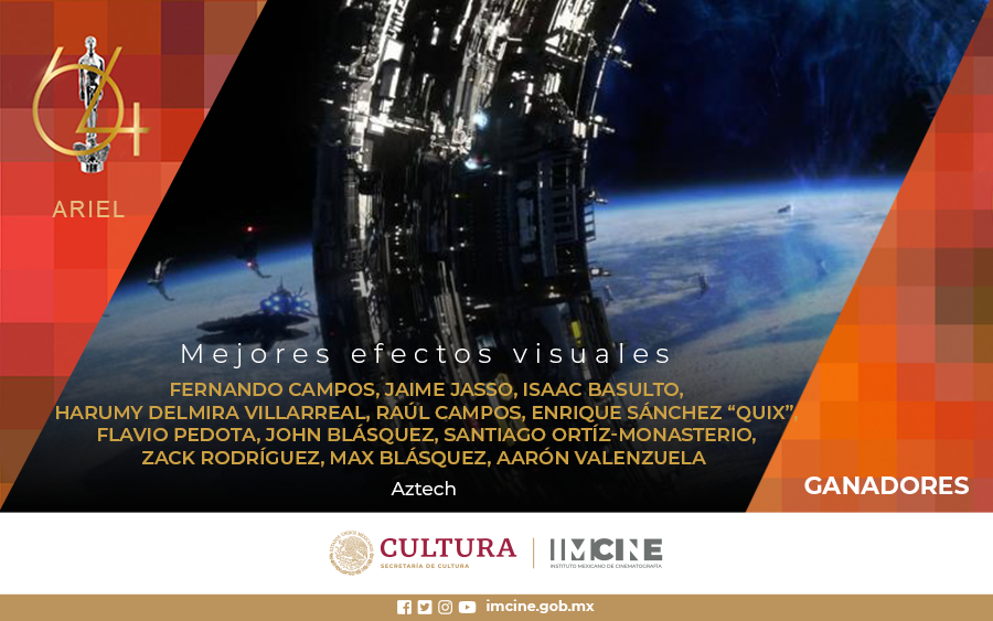imcine's tweet photo. Fernando Campos, Jaime Jasso, Isaac Basulto, Harumy Delmira, Raúl Campos, Enrique Sánchez “Quix”, Flavio Pedota, John Blásquez, Santiago Ortíz, Zack Rodríguez, Max Blásquez, Aarón Valenzuela ganan el Ariel a Mejores Efectos visuales por el largometraje ‘Aztech’. #Ariel64 https://t.co/idzBa7xb4L