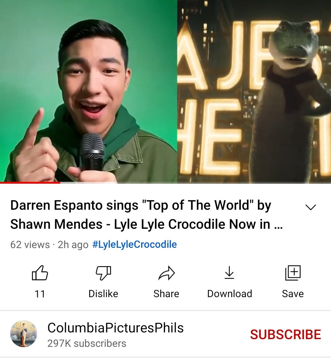iLoveDarren_24's tweet photo. Darren Espanto sings "Top Of the World " by Shawn Mendes -Lyle Lyle Crocodile now in Cinemas! 
🔗https://t.co/NsHjD1IbBX

Wow!! Ang galing galing naman! We are so proud of you D! 🙌💚

#DARREN @Espanto2001 https://t.co/EPSuPSV7U7