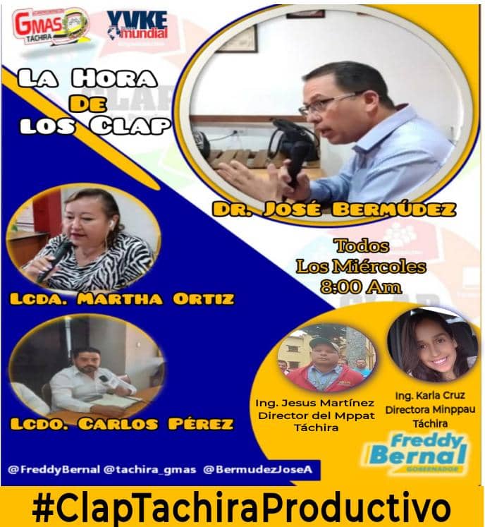Mañana #12Oct a partir de las 8am por la 94.5 FM 
<a href="/YvkeTachira/">Yvke Tachira</a>
 sintoníza "La Hora de los Clap" con <a href="/karlacruzjau/">Karla Cruz</a>
 Directora de <a href="/MinPPAU_Tachira/">MinPPAU Tachira</a> y <a href="/JMartinez0618/">JotaMartinez</a>
 Director de <a href="/UEMPPATachira/">UTMPPAPT Táchira</a> ¡Imperdible!#ClapTachiraProductivo <a href="/FreddyBernal/">Freddy Bernal</a>
 <a href="/LealTelleria/">M/G Carlos Leal Tellería</a> @MinagrourbanaV