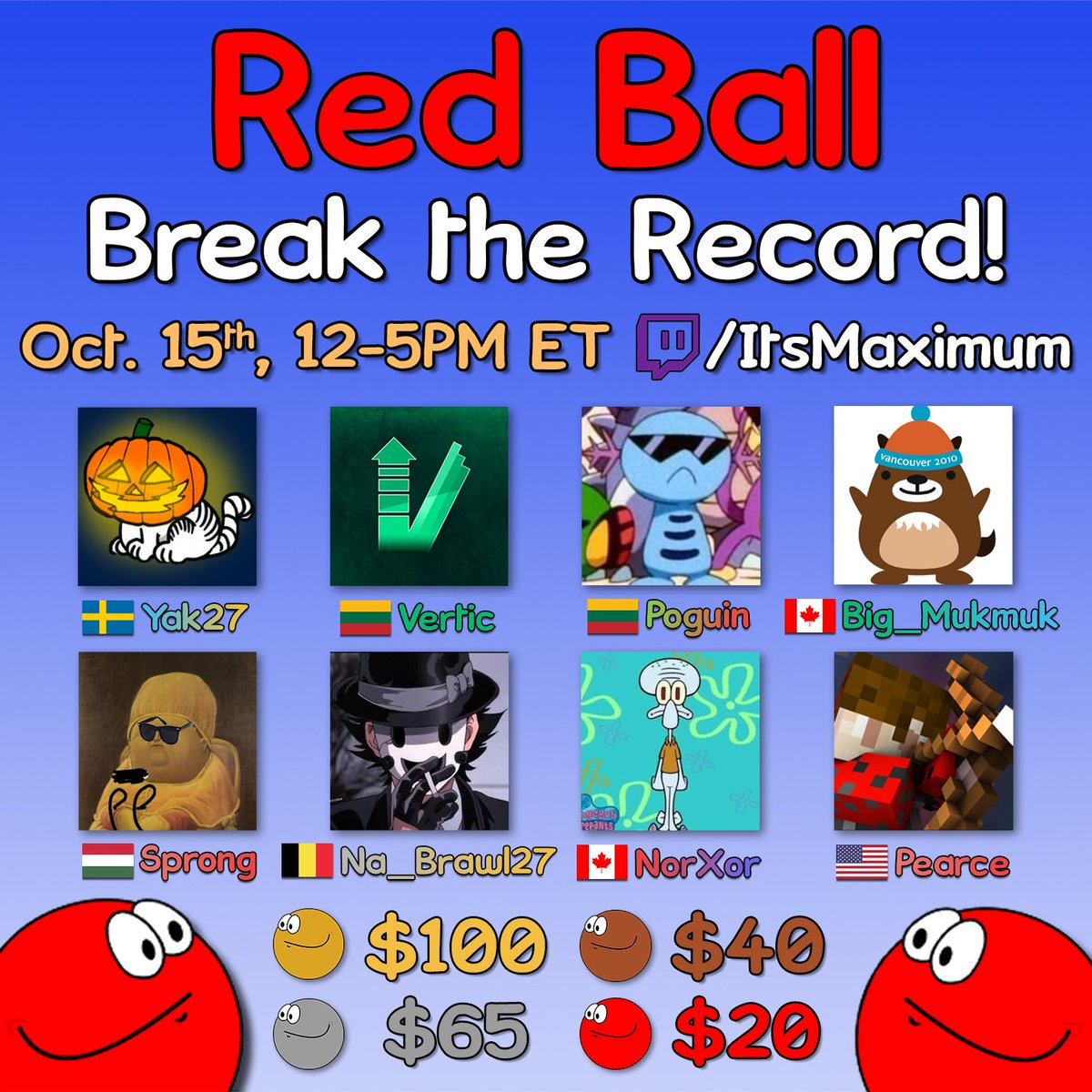 ItsMaximum_'s tweet photo. I will be hosting a Red Ball Break the Record event where 8 of the top Red Ball runners will compete for a prize pool of $250. This Saturday, from 12-5PM ET, go to https://t.co/w5dmimIc1n to cheer on the runners as they try to break Red Ball's final (feasible) 10 second barrier! https://t.co/OCB7nLzpMT