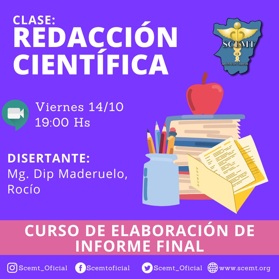 Scemt_Oficial's tweet photo. CURSO DE ELABORACIÓN DE INFORME FINAL 📝

📢📢 Seguimos con las clases 📢📢

Tema: REDACCIÓN CIENTÍFICA 📑🖊️

📆 VIERNES 14/10
🕖 19.00 hs. 
💻 VÍA MEET 
👩🏻‍🏫 Disertante: Mg. Dip Maderuelo, Rocío

Aprendé con nosotros 🙌🏼😎

Te esperamos ✨ https://t.co/J9UM8ga7pd