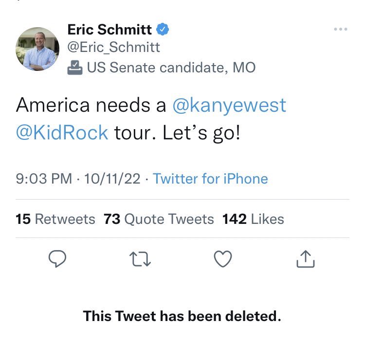 The Twitter account for the Republican nominee for US Senate in Missouri just sent out a pro Kanye West tweet tonight before quickly deleting it