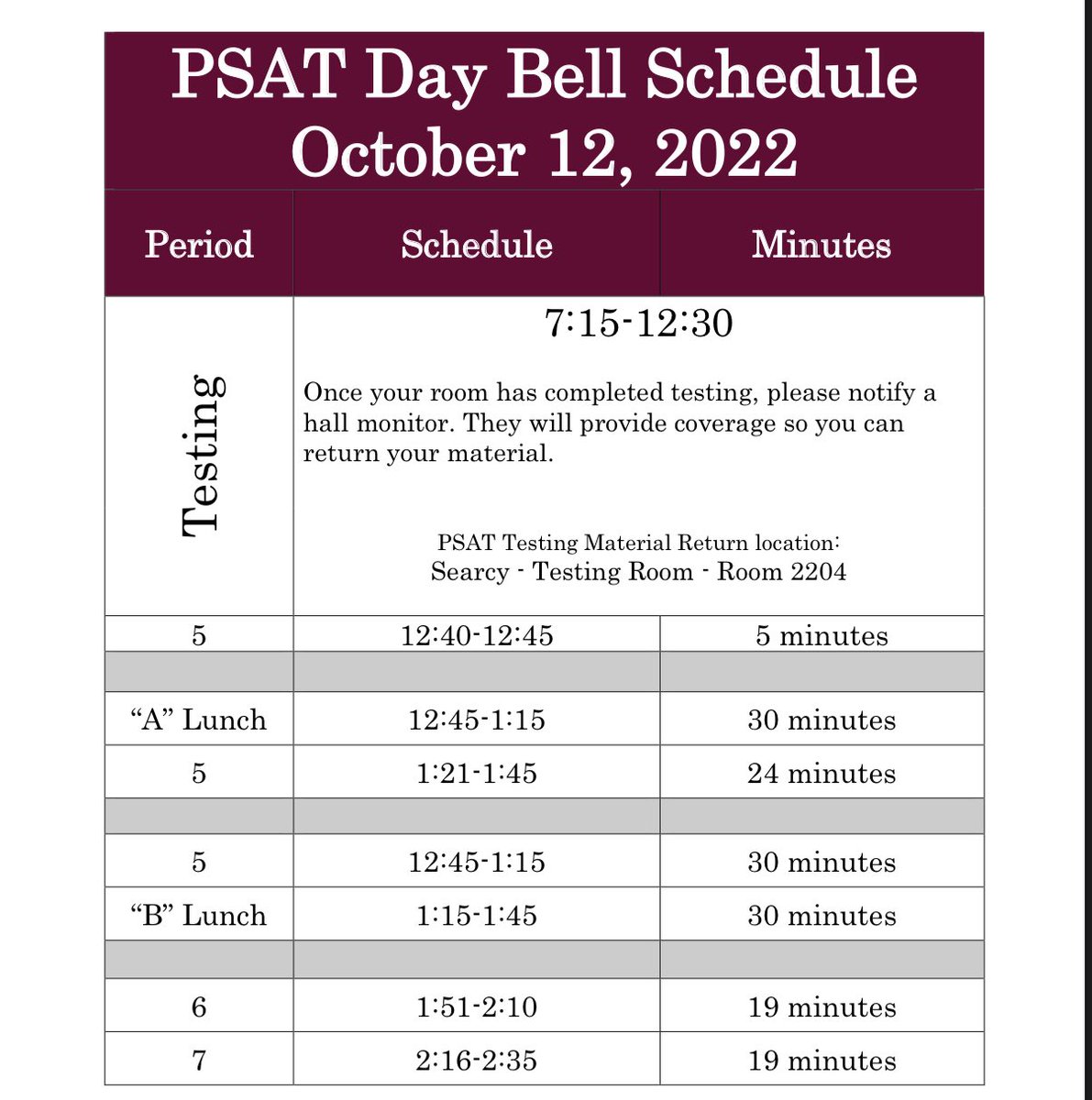 Bell Schedule for tomorrow.