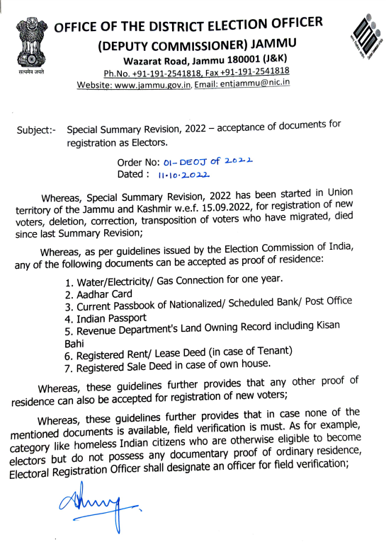 DailyExcelsior1's tweet photo. Letter issued by Deputy Commissioner of #Jammu for acceptance of documents for #registration as #electors authorizes all tehsildars to issue certificate of residence to people #residing in Jammu "for more than #one year." https://t.co/8wxTEW7TxP