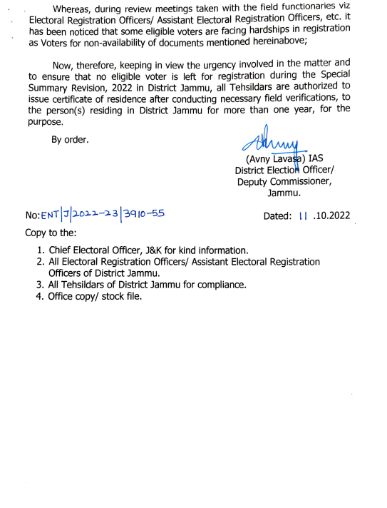 DailyExcelsior1's tweet photo. Letter issued by Deputy Commissioner of #Jammu for acceptance of documents for #registration as #electors authorizes all tehsildars to issue certificate of residence to people #residing in Jammu "for more than #one year." https://t.co/8wxTEW7TxP