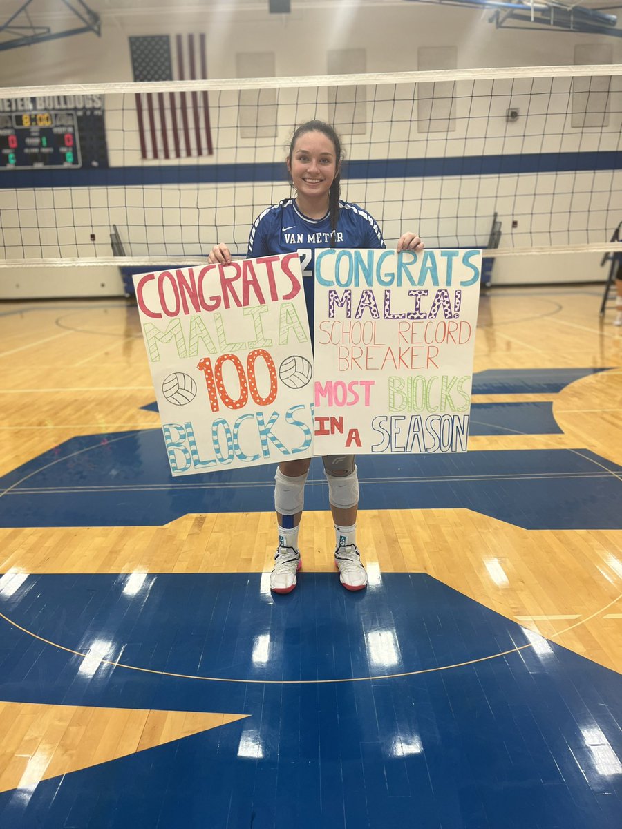 VMMrsCook's tweet photo. Congratulations to Van Meter’s Malia Kelly on 100 Career Blocks and Breaking the School Record for Blocks in a Single Season! 🏐

@IGHSAU @VanMeterDawgs https://t.co/FzjthrImJJ