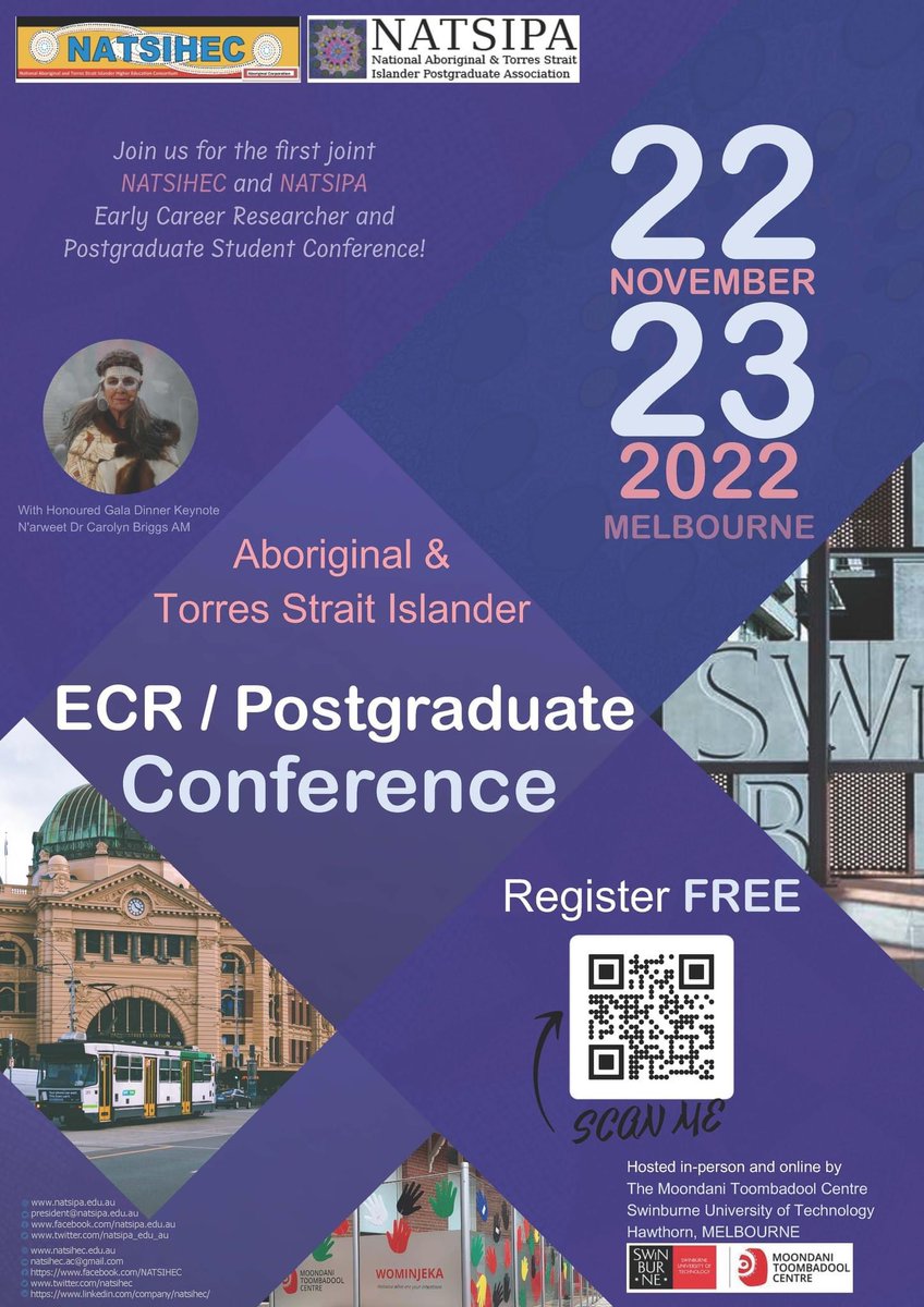 natsihec's tweet photo. Are you an Aboriginal and/or Torres Strait Islander Postgrad or ECR? NATSIHEC &amp; NATSIPA are holding a joint conference for Postgraduates &amp; Early Career Researchers! You can register here via the QR code or the link below and its FREE! https://t.co/cSyQR72v3t https://t.co/OlhbzVubL7