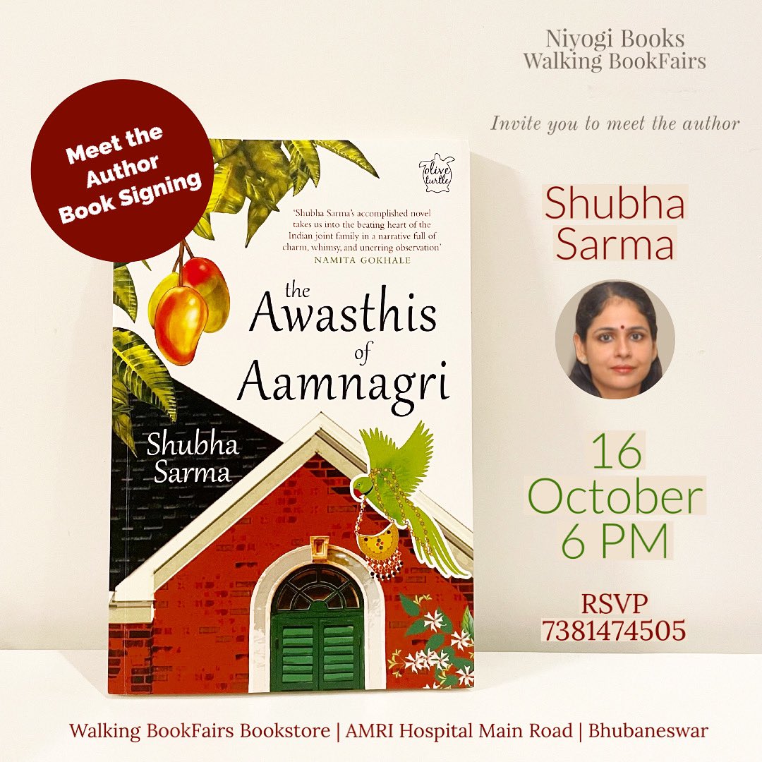 walkngbookfairs's tweet photo. Save the date to meet @Shubha_Sarma and take a trip down memory lane with the Awasthis of Aamnagri this Sunday 16 October 6 PM at our bookstore. RSVP 7381474505
@niyogibooks
#Bhubaneswar #BookstoreEvents #BookTwitter https://t.co/n3njNDLuoK