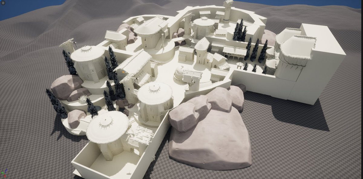 Small village / town for #Blocktober ! Was fun trying to make little mini-districts that I would see in an RPG town :D 

#Blocktober22 #leveldesign #UnrealEngine #gamedev #gamedesign #blockout