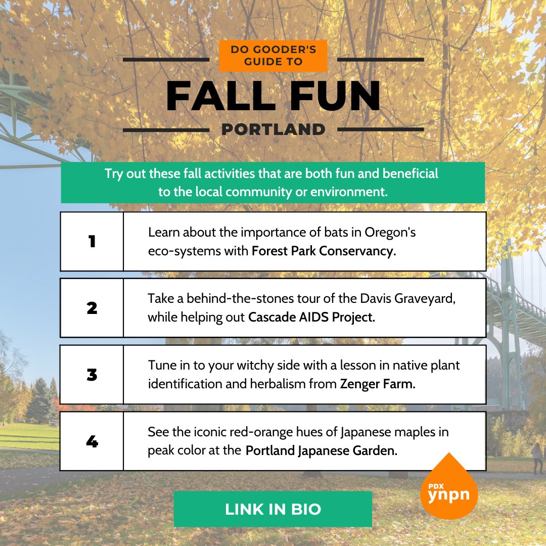 Seasonal decor, costumes &amp; candy create a lot of unintended waste, but nothing's going to keep you from that Halloween party. Help offset your impact with a few “fall fun” activities that give back to the local community &amp; environment. Get the deets here: linktr.ee/ynpnportland