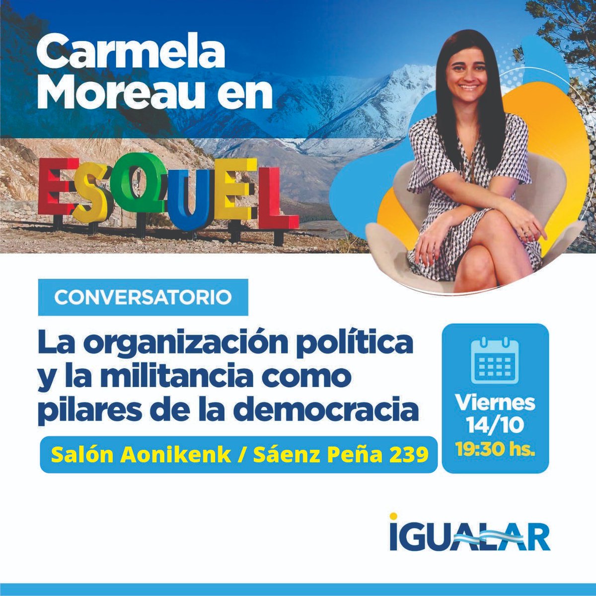JavierComparad1's tweet photo. @carmelamoreau Carmela Moreau en Esquel
Brindará una charla sobre organización política y militancia, se reunirá con el intendente de la ciudad y con referentes y militantes de @igualarchubut, del Frente de Todos y con mujeres e integrantes del colectivo LGBTQ+
📍Salón Aonikenk https://t.co/nESWRgudxk