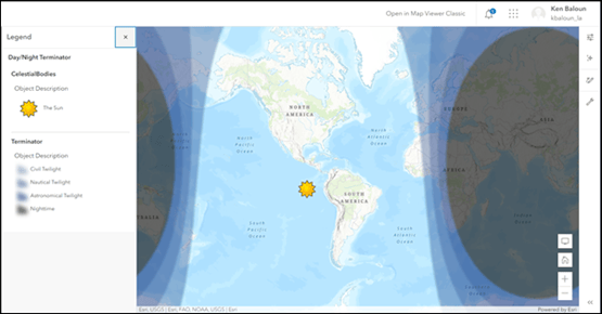 Day/NIght Terminator is a new #ArcGIS #LivingAtlas live feed that lets users include a visualization of the current day/night cycle in their maps and apps. Updated every 10 minutes: More info, see: esri.com/arcgis-blog/pr… #esri #arcgis