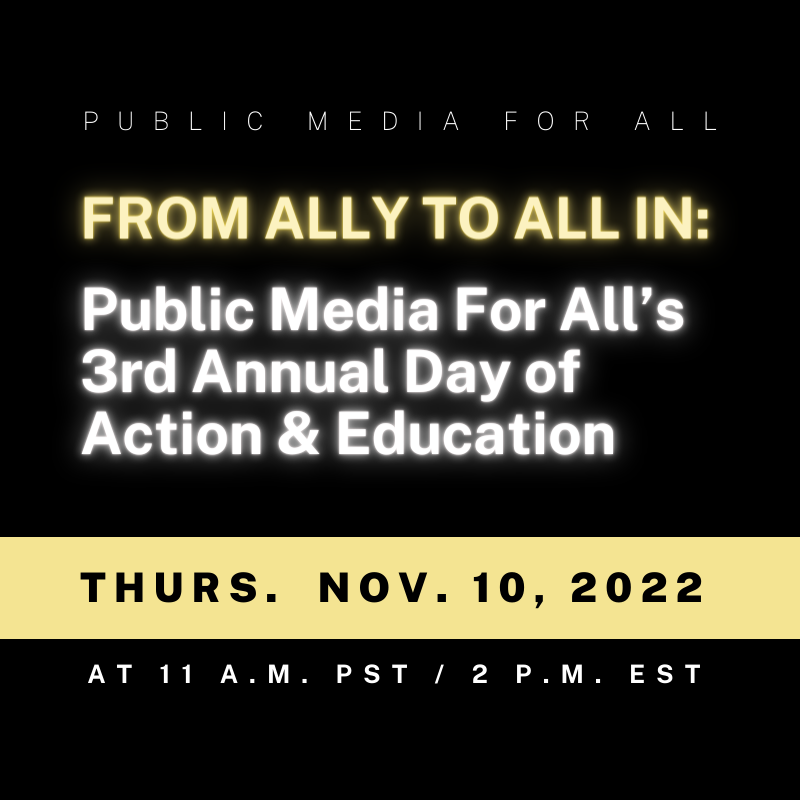 PublicMedia4All's tweet photo. Hear from leaders who are taking an All-In approach to elevate racial diversity, equity, and inclusion within public media. Join us Nov. 10. Sign up at https://t.co/RVbKhv7Ptj. #publicmediaforall #pubmedia #npr #pbs #publicmedia #diversity #bipoc #PublicAF #diversityandinclusion https://t.co/C0dN5uvy6X
