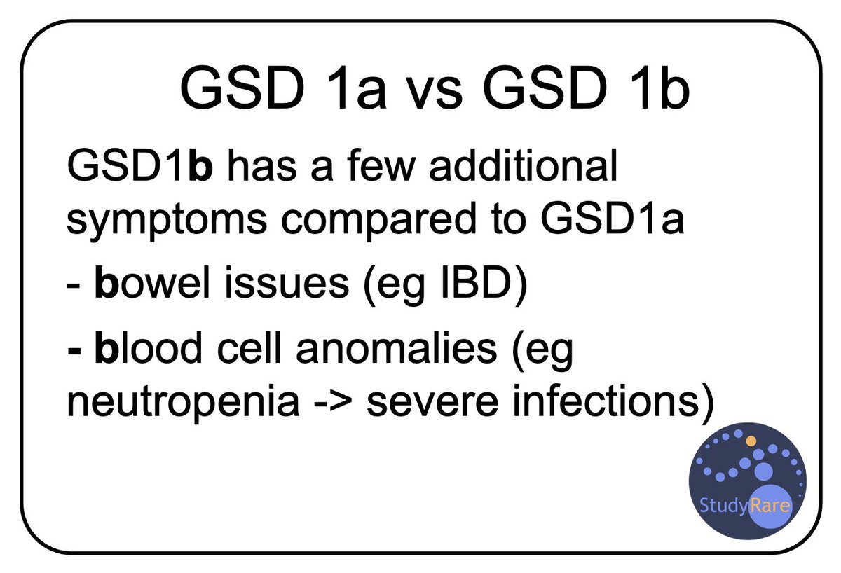 GSD 1a vs GSD 1b
GSD1b has a few additional symptoms compared to GSD1a:
- bowel issues (eg IBD)
- blood cell anomalies (eg neutropenia -> severe infections) 

#GeneChat #metabolics