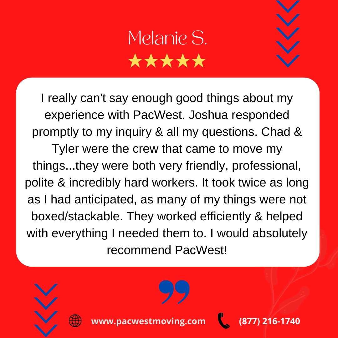 ⭐ Customer Feedback ⭐

Thanks for your awesome review, Melanie. We appreciate your kind words and for giving us a 5-star review!

In need of relocation assistance?

Contact us at:

☎️ 877-216-1740
📩 sales@pacwestmoving.com